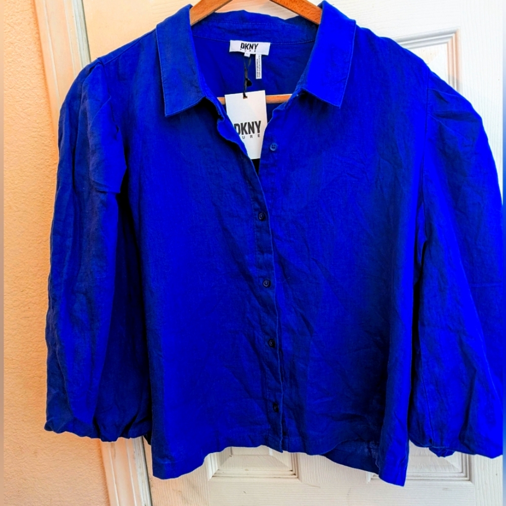 DKNY Pure Women's Cobalt Blue Boxy Button Down Shirt(NWT!) - Picture 2 of 2